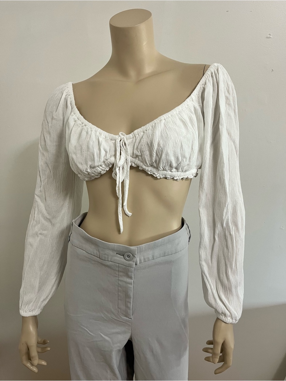 Garage White Long Sleeve Cropped Peasant Top
